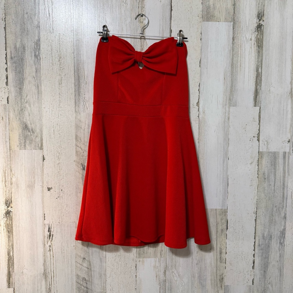 Strapless Red Dress Cut Out Bow Detail Mini Size Small - Picture 6 of 9